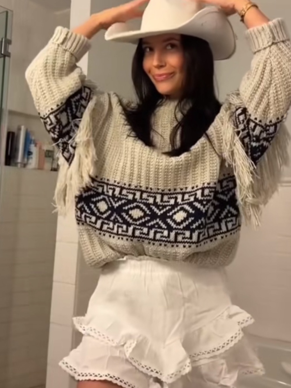 H&M Cream and Black Fringe Knit Sweater